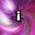 A six- displays a swirling pink and purple background with text elements changing