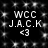 Black background with white pixelated text and star-like patterns, displaying repeated 'WCC J.A.C.K <3' sequences in two