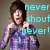 A person in a purple and blue checkered shirt makes a gesture with both hands near their face, with text "never shout never!" in varying colors.