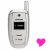 A static image of a silver flip phone with an antenna, paired with six distinct colored hearts in pink, blue, orange, green, red, and purple arranged to its right.