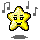 Two yellow star-shaped pixel art figures with black outlines, each displaying distinct facial expressions against a gray background with musical notes.