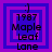 A static digital image with layered purple and blue squares, a smiley face at the top, and text reading '1987 Maple Leaf Lane' in black pixelated font.