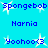 Pixelated blue text and white starbursts on cyan background, arranged in a with repeated names and star icons