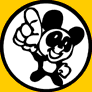 Four circular black-and-white Mickey Mouse icons arranged in a on yellow background, each showing distinct hand and body poses with consistent facial expression