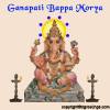Ganesha icon with blue and red halo variations, holding objects in four hands, seated on a lotus base between two oil lamps under 'Ganapati Bappa Morya' text.