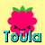 Pixelated pink fruit character with green leafy top, smiling face, and cyan text 'Toula' below on yellow background.