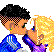 Pixelated cartoon image of two characters kissing, one with black hair and blue clothing, the other with blonde hair and purple clothing against a gray background.