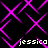 Black background with overlapping pink diamond-shaped lines forming a pattern, four instances of the text 'jessica' in white pixelated font positioned at corners