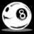 A white spherical object with a smiling face and an 8-ball symbol on its side, positioned against black and green backgrounds.