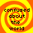 Four identical pixelated with orange and yellow spiral backgrounds display the text 'confused about the world' in black block letters