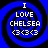 Four identical blue spiral icons with white text reading "I LOVE CHELSEA <3<3" arranged in a on black background