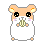 Pixelated hamster with peach ears and white body holds green object, eyes alternate between open black pupils and closed eyelids