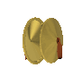 Golden cymbals with brown leather straps rotate through multiple angles against a light gray background.