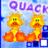 Pixelated image of two orange cartoon creatures with green eyes and open mouths, standing side-by-side under purple text reading "QUACK" on a light blue background.