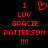 Red pixelated text and symbols on black background: 'I' above a heart, then 'LOV', 'GRACIE', 'PATTERSON', and four exclamation marks.