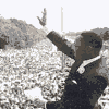 Black-and-white animated sequence showing a man in a dark suit with a white shirt and tie, raising his right arm in three distinct poses against a crowd background.