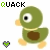 Green duck-like character with brown belly, orange beak and feet, white eyes with black pupils, positioned in two of three icons each