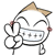 A cartoon character with a round white head, brown triangular hair, and red cheeks holds a white flower-like object while smiling widely with visible teeth.