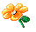 Pixelated orange flower with green stem and leaves in various open states on gray background