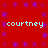 Red background with purple star-like patterns and repeated light blue text 'courtney' in four positions.