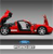 Red sports car with open doors and raised hood on gray gradient background, blue and white elements below