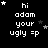 Pixelated text 'hi adam your ugly =p' on black background with white stars, animated star positions across frames.