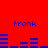 Red background with blue text "Frank" and animated horizontal bar patterns changing