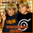 Two individuals in a pixelated image with one making a peace sign, surrounded by text elements on a dark blue background.