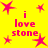 Yellow background with pink starbursts and repeated "i love stone" text in pixelated font.