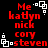 Red pixelated text lists names on black background with white square corner accents, animated to shift positions across frames.