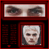 A static icon with red borders containing a close-up of eyes above a pixelated portrait of a person with short white hair and a small red heart symbol.