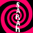 Four identical pink and black spiral patterns arranged in a with white text vertically aligned through the center of each spiral