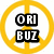 Yellow peace signs with black text blocks reading ORI and BUZ on a white background, partially obscured by gray overlay.