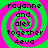 Four identical pixelated with green and pink spiral backgrounds display text reading 'rayanne and alex together 4eva' in black block letters