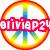 A circular rainbow-colored peace symbol with a gradient center, overlaid by a pink text banner reading "oliviap24" across the middle.