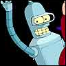 A light blue robot with a single large eye and a wide, toothy grin raises its right arm against a dark background.