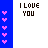 A static pixel art composition with vertical blue bars and white displaying text 'I LOVE YOU' and '8 DAYS A WEEK' alongside pink heart symbols