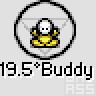 Pixelated static buddy icon featuring a yellow cartoon character with a skull face inside a black circular border, below which is text reading "19.5°Buddy" on a gray background.