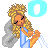 Pixel art animation of a cartoon woman with blonde hair and angel wings holding an orange object, displayed in two frames showing color variation on the background circle.