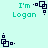 Pixelated icon with light cyan background, teal text "I'm Logan", and dark blue geometric shapes in two alternating states.