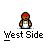 Pixelated character with red headband and white tank top appears in multiple poses above text reading "West Side" on gray background.
