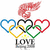 Pixelated icon with five interlocking heart-shaped rings in blue, yellow, black, green, and red above a gray block containing the word 'LOVE' and a small yellow star.