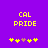 Purple background with yellow text 'CAL PRIDE' and five star-like symbols below, where the third symbol changes from brown to yellow between frames.