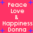 Pixelated text 'Peace Love & Happiness Donna' repeated in a on a bright pink background with scattered blue star shapes