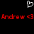 A static pixel art image with a white heart outline at the top center, red text reading "Andrew <3 Andrew <3" below it on a black background.