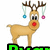 Pixelated reindeer with brown antlers, red nose, and blue/pink ornaments stands on green grass with black outlines.
