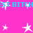 Bright pink background with repeated light blue text and white star shapes scattered across the image.