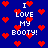 Blue background with red pixelated hearts and white text reading "I LOVE MY BOOTY!" in a repeating pattern.