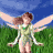 Animated fairy with brown hair and green dress stands on grassy field under blue sky, wings spread wide.