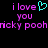 Pixelated text and a cyan heart symbol on black background, with mirrored purple text reading "i love you" and "nicky poohnicky pooh".
